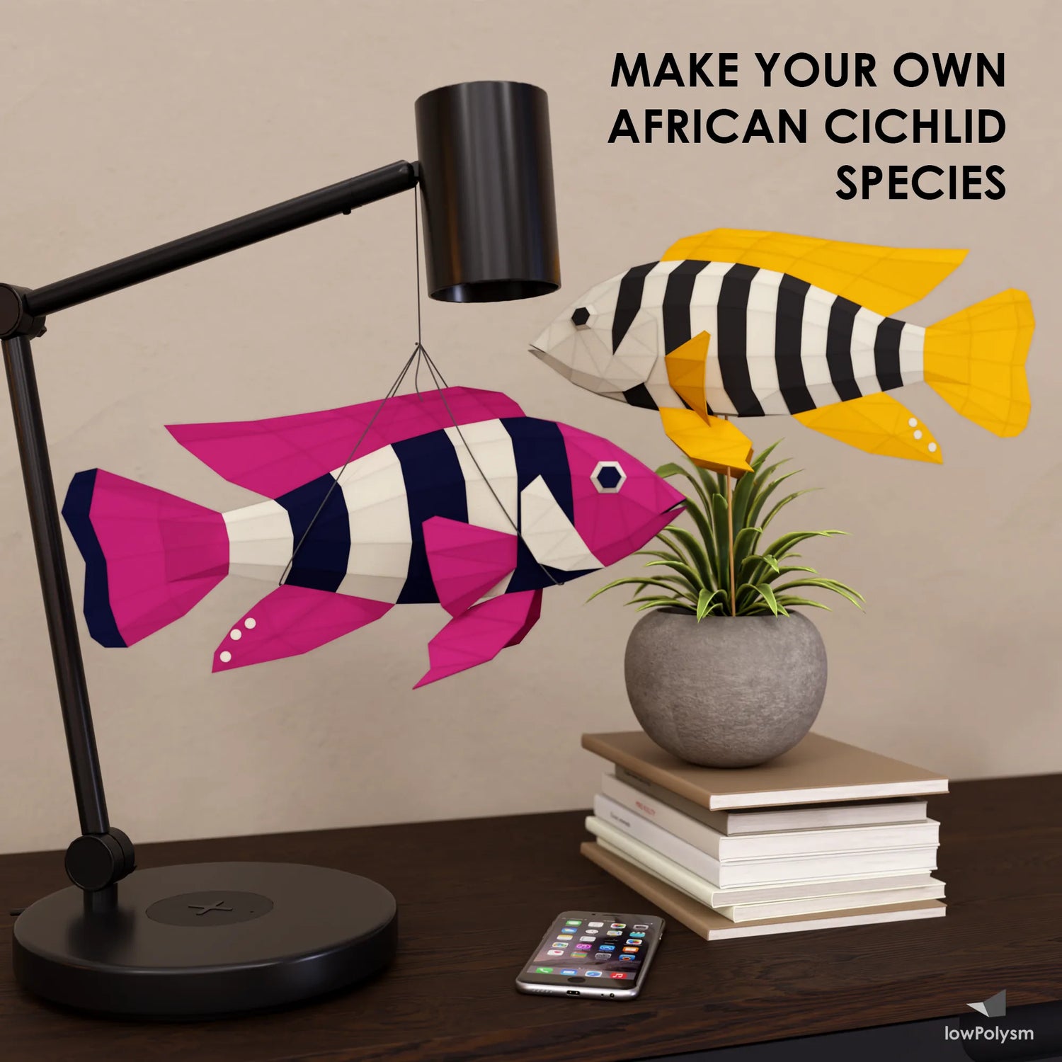 African Cichlid papercraft model in multiple low poly color variants for DIY crafting.