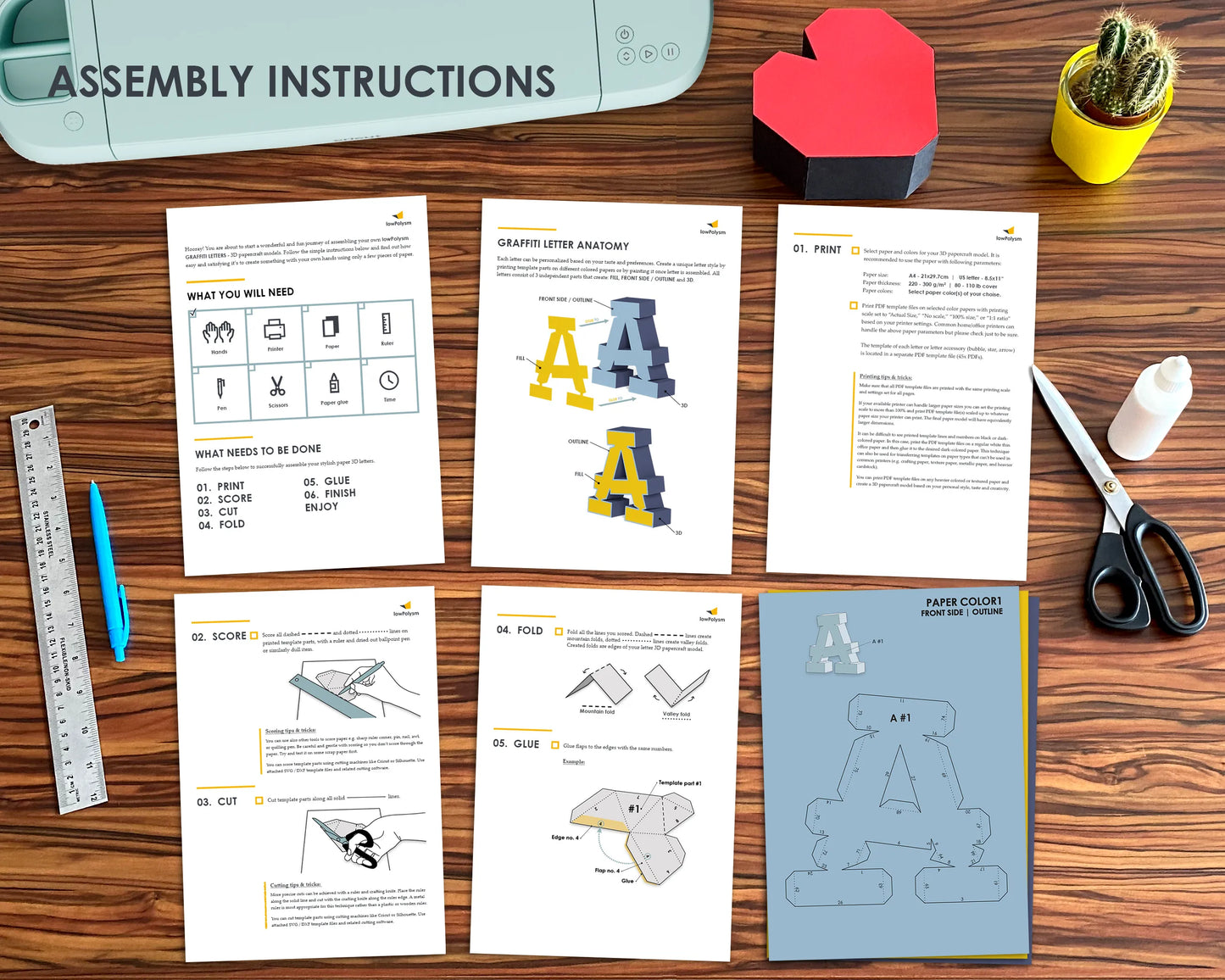 Block letters assembly instructions on the table next to Cricut and scissors