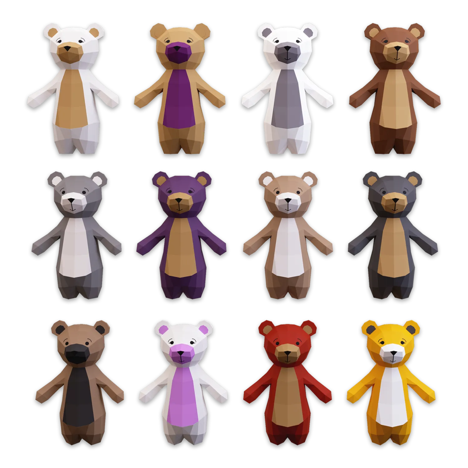 teddy bear papercraft different color variants by lowPolysm