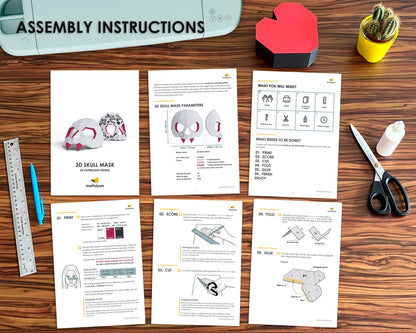Printed assembly instructions for the 3D skull mask papercraft template, showing steps and materials.