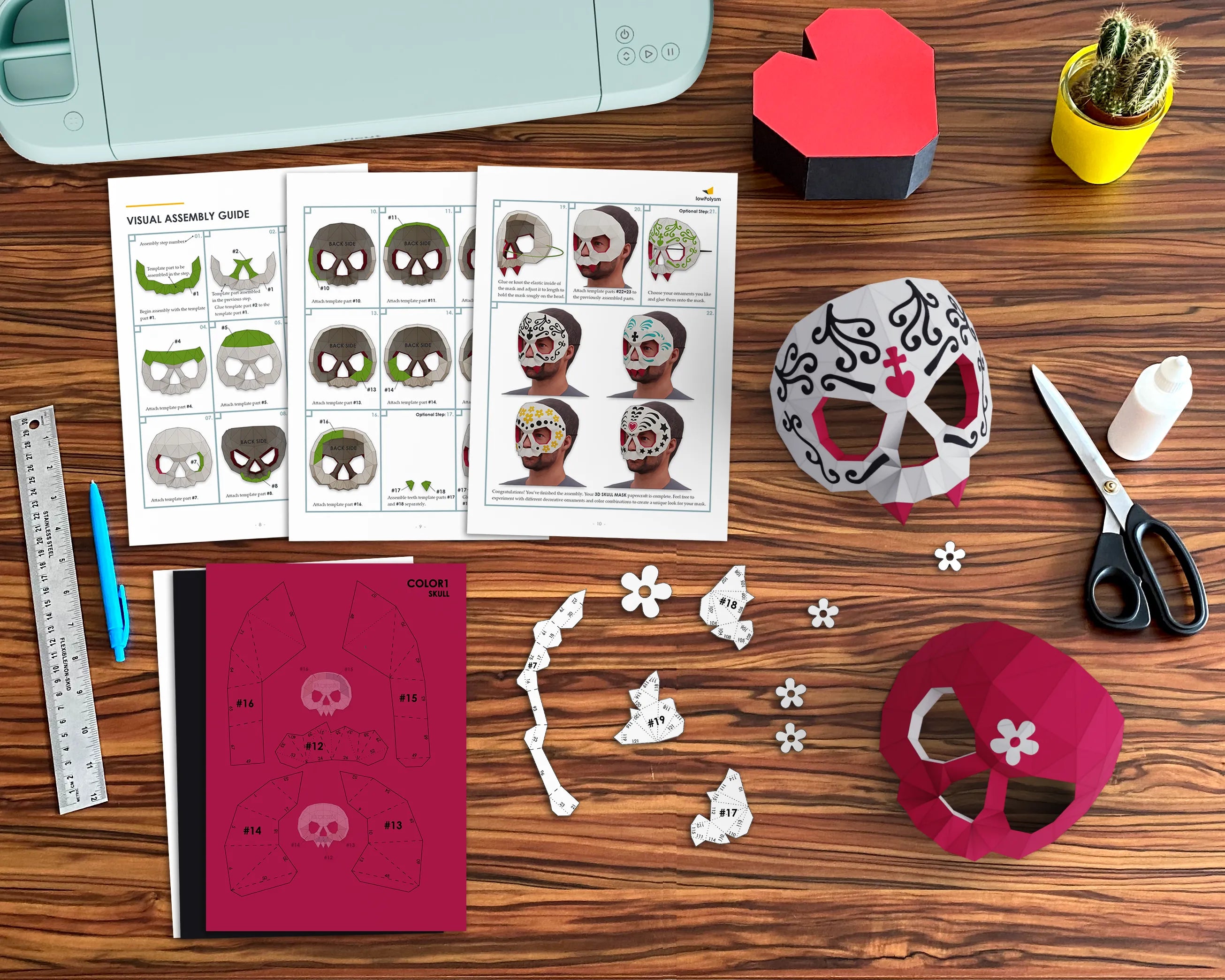 Visual assembly guide showing step-by-step instructions, templates and pieces for building the 3D sugar skull papercraft mask.