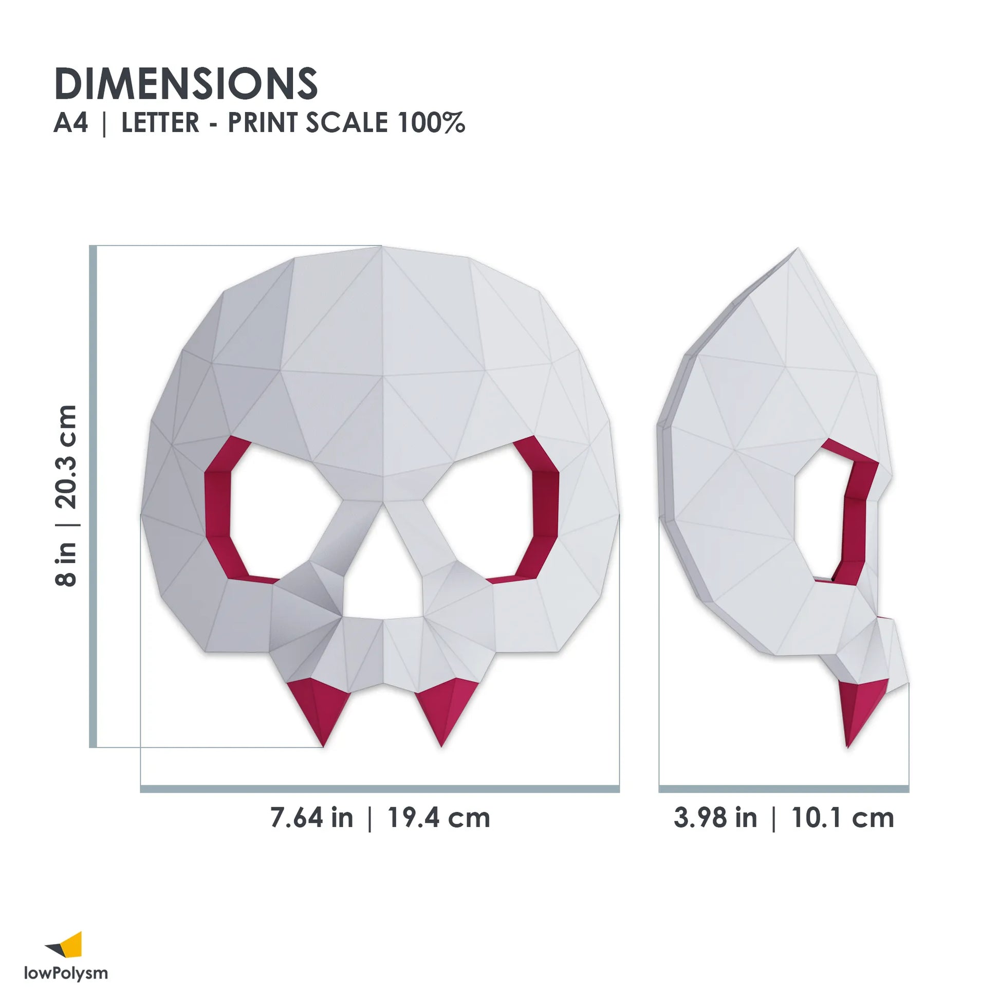 Dimensions of the 3D sugar skull mask showing width, height and side profile for printable papercraft template.