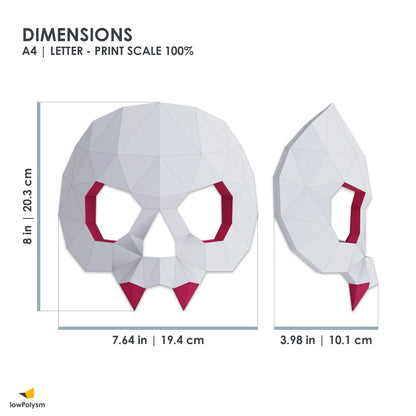 Dimensions of the 3D sugar skull mask showing width, height and side profile for printable papercraft template.