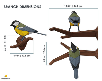 GREAT TIT: DIY 3D Papercraft - Lowpoly Bird on Branch - 3D Paper Model