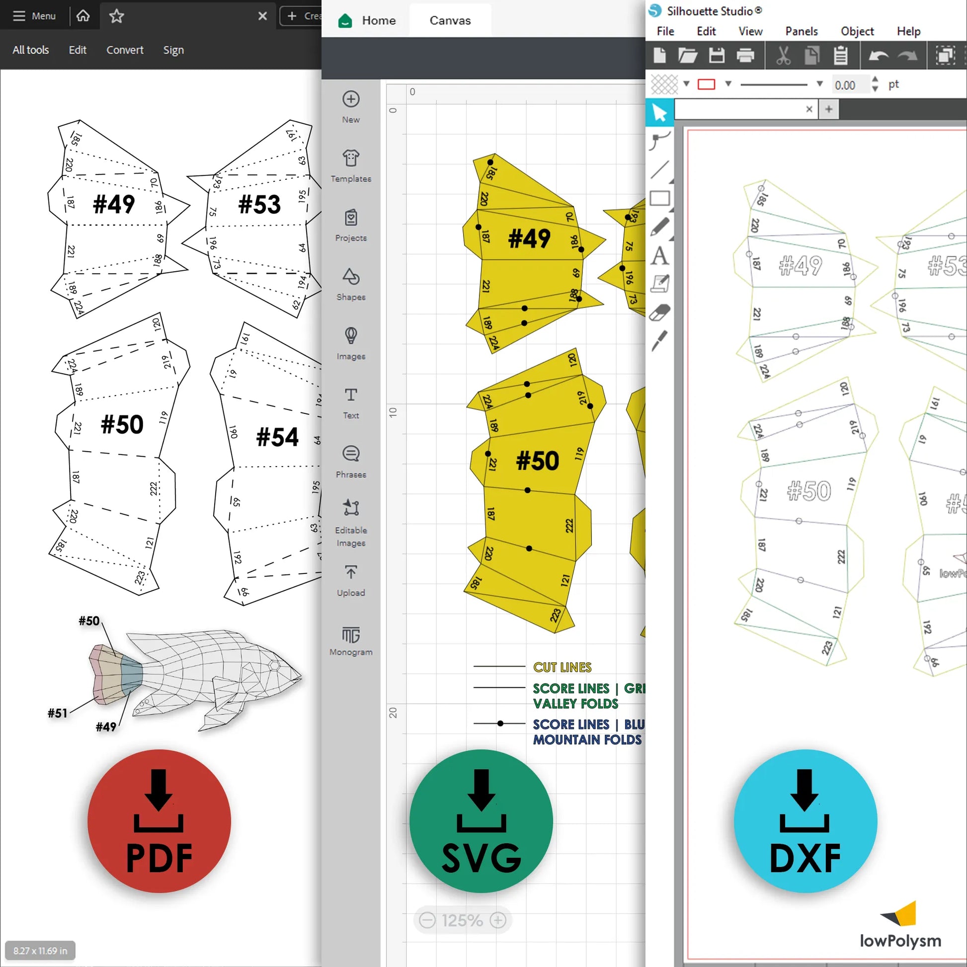 African Cichlid fish patterns shown in PDF, SVG, and DXF formats for Cricut, Silhouette, and hand cutting.