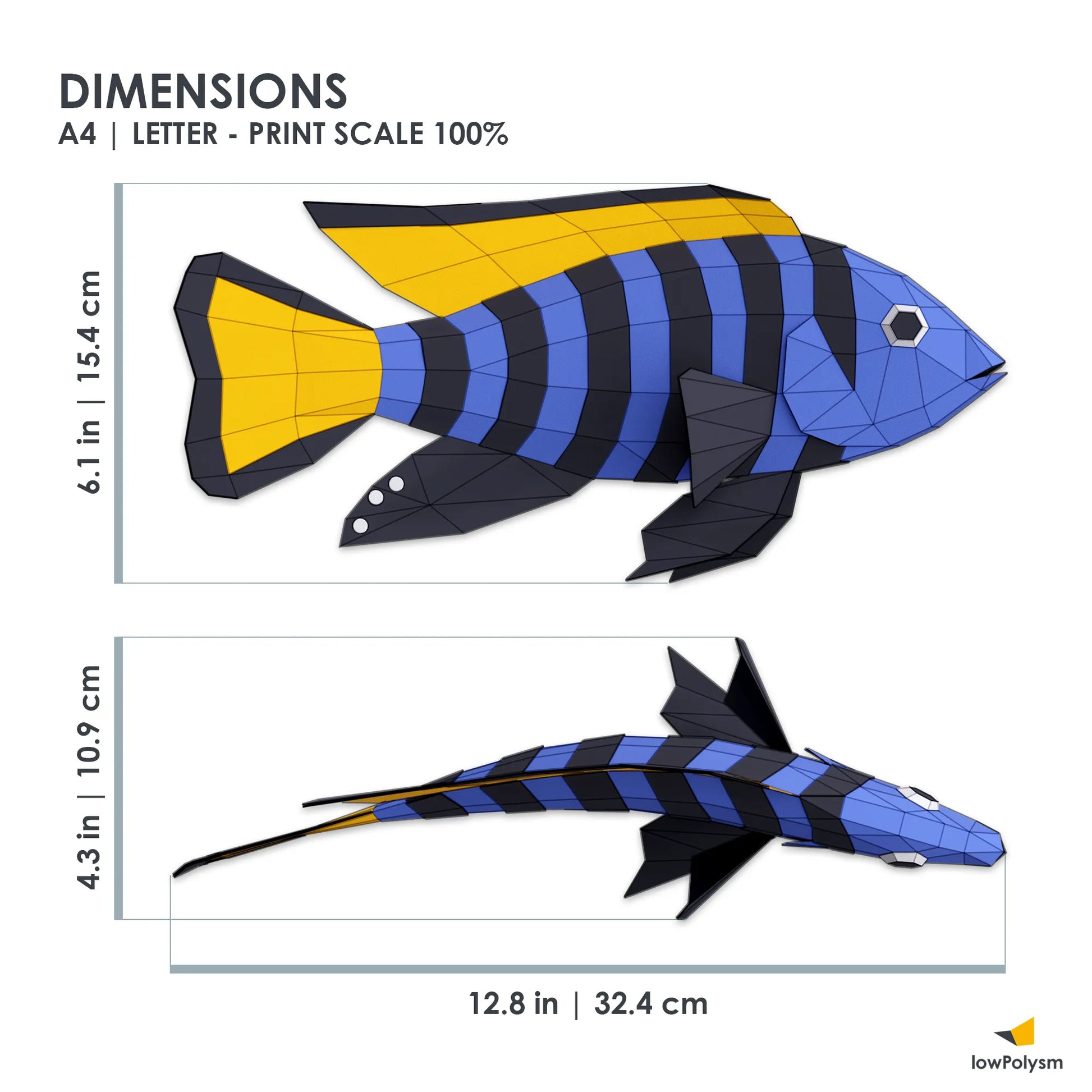 Dimensions of African Cichlid paper craft fish model 32.4 × 15.4 × 10.9 cm at 100% print scale.