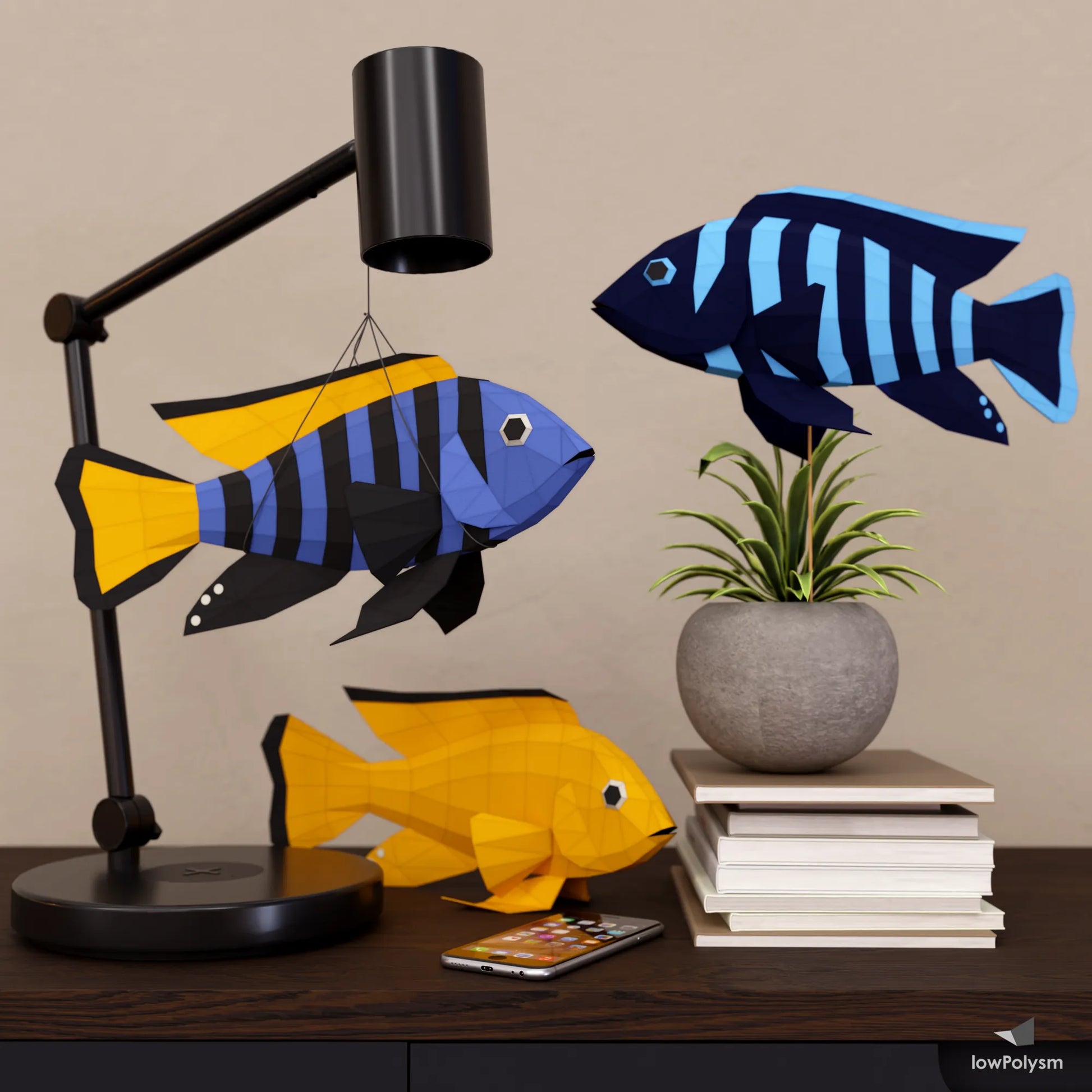 African Cichlid 3D papercraft model hanging, as table top or pot decor (low poly fish)