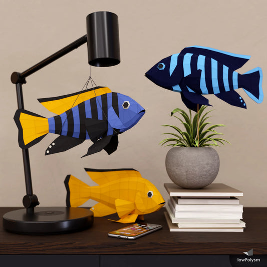 African Cichlid 3D papercraft model hanging, as table top or pot decor (low poly fish)