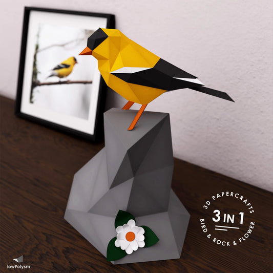 American Goldfinch bird on rock with flower as 3d papercraft model