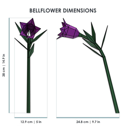 Technical drawing showing the 38cm height and 12.9cm width dimensions of the low-poly BELLFLOWER 3D papercraft model.