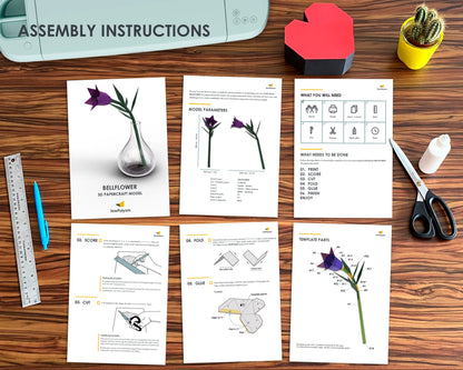 Comprehensive 6-step assembly instructions and required tools for building the BELLFLOWER 3D papercraft model.