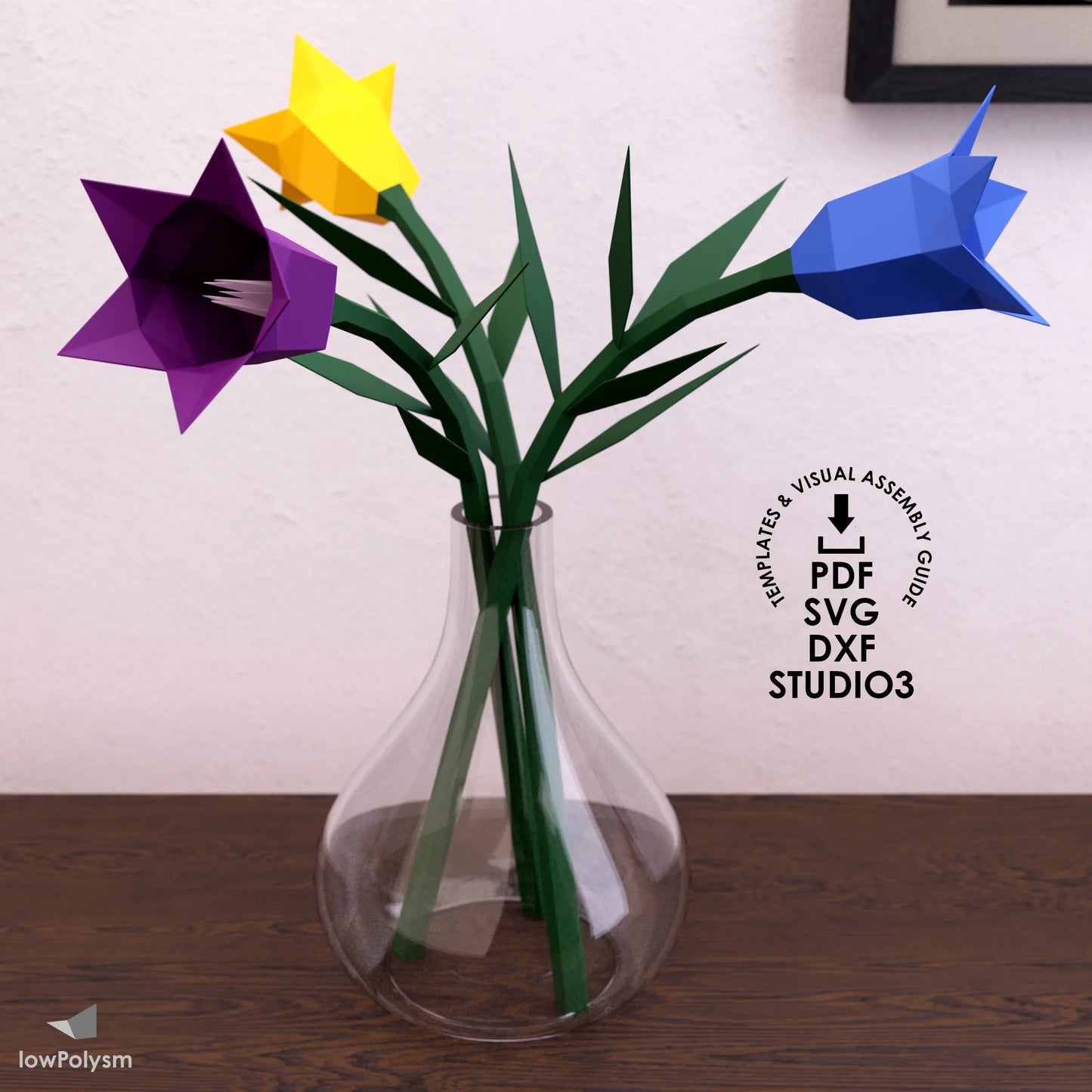 A colorful bouquet of 3D papercraft bellflowers in a glass vase, showing purple, yellow, and blue low-poly models for home decor.