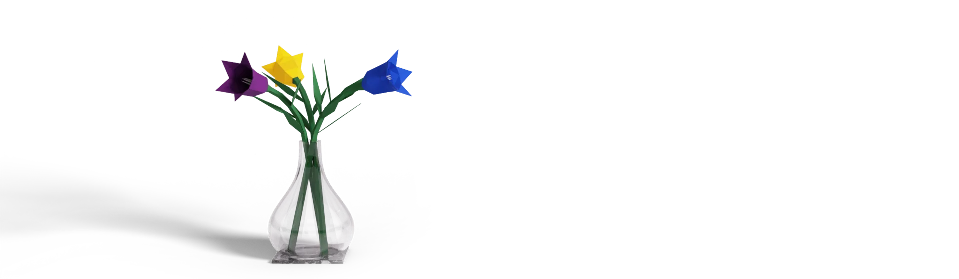 Glass vase with colorful 3D paper bellflower bouquet on a white background