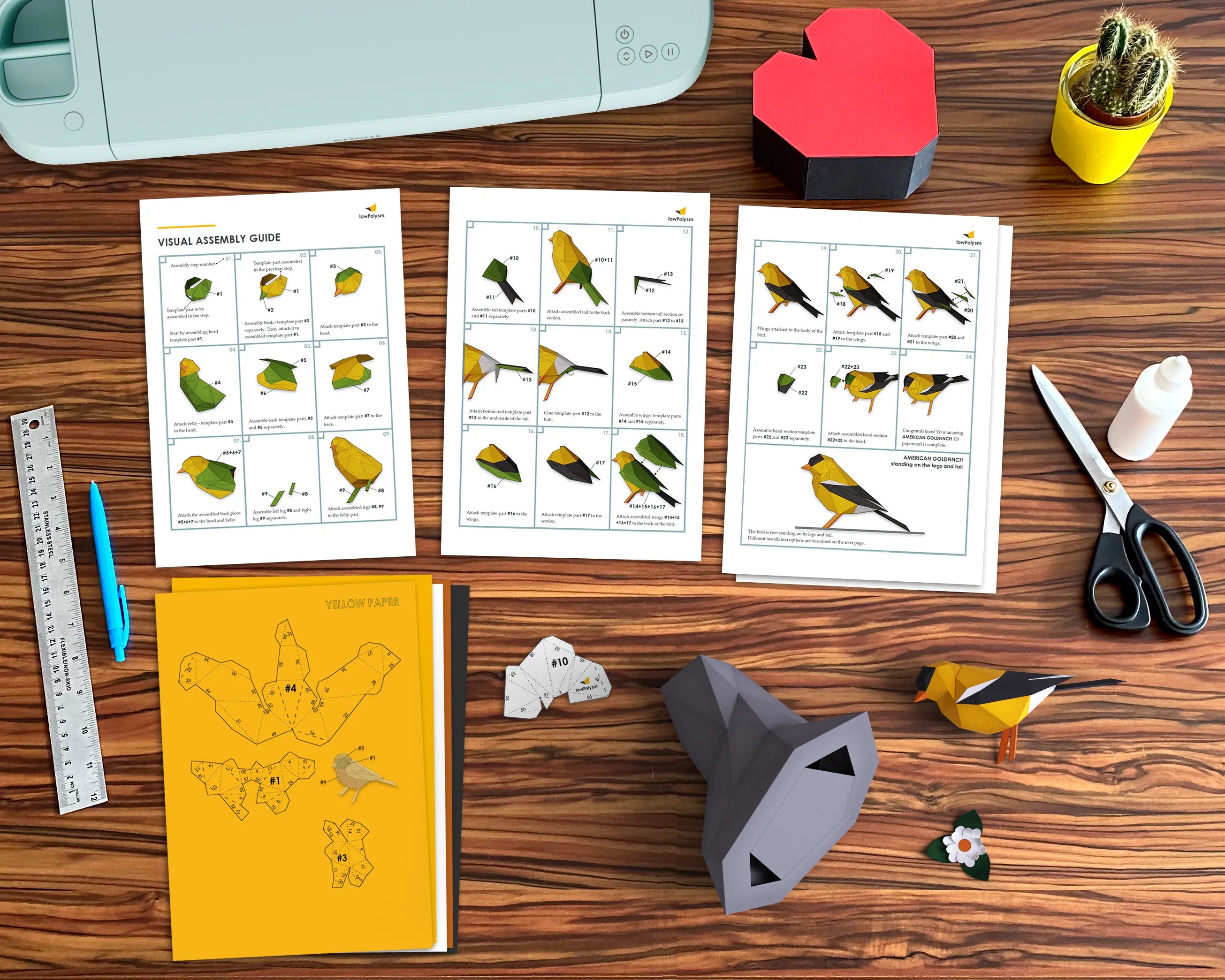 American Goldfinch bird printable template assembly guide on table 