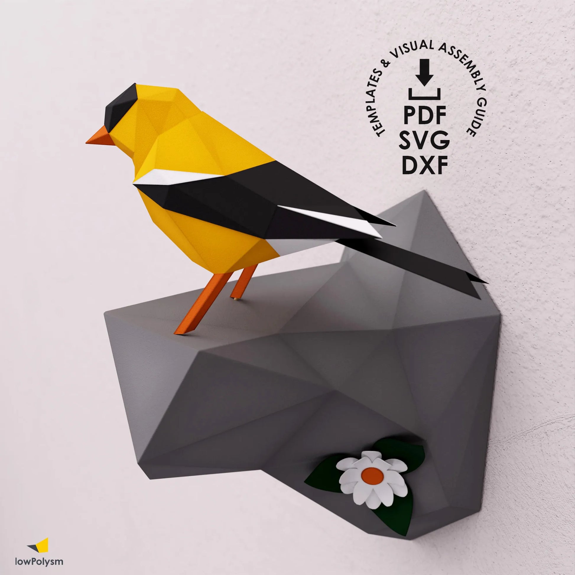 Yellow bird paper craft wall mounted on rock with pdf, svg, dxf templates