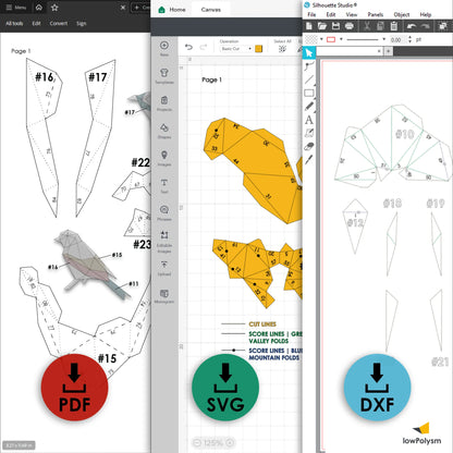 Bird paper craft  patterns in svg, dxf, pdf template formats