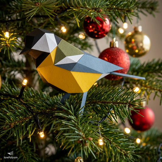 Low poly 3d origami bird paper ornament on a Christmas tree with lights and red baubles