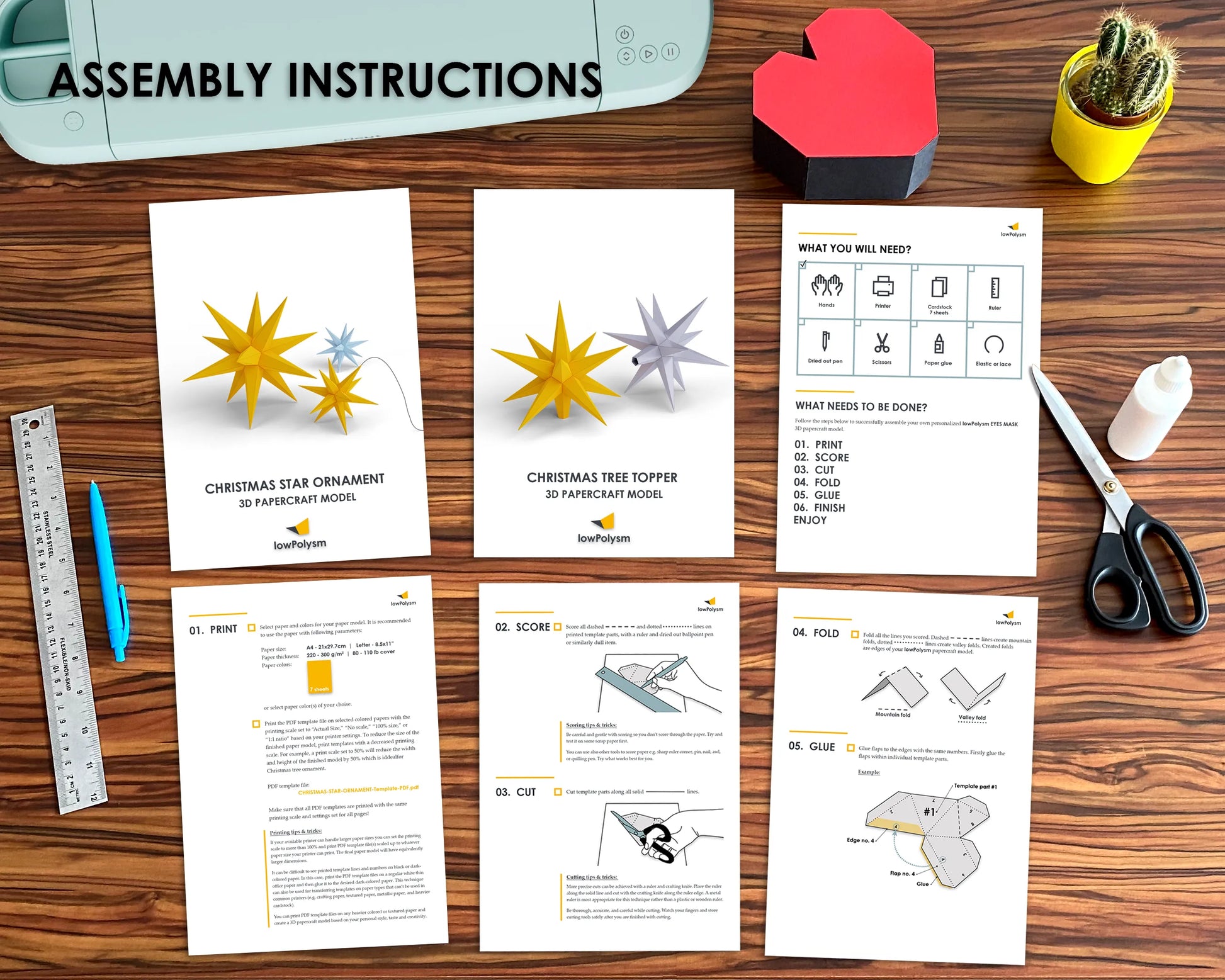 Printed assembly instructions for the 3D papercraft Christmas star, showing tools and steps: print, score, cut, fold, glue.