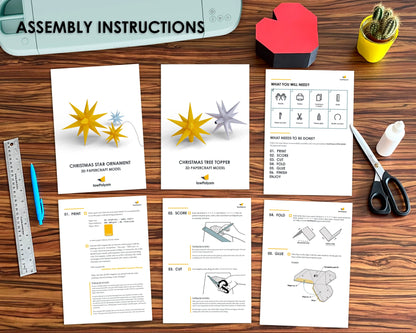 Printed assembly instructions for the 3D papercraft Christmas star, showing tools and steps: print, score, cut, fold, glue.