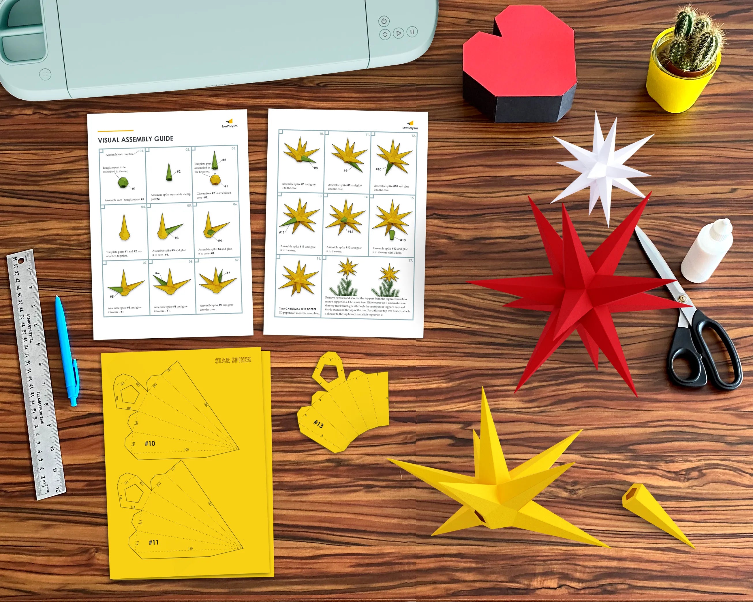 Visual assembly guide for the 3D paper Christmas star templates with step-by-step folding and gluing diagrams.