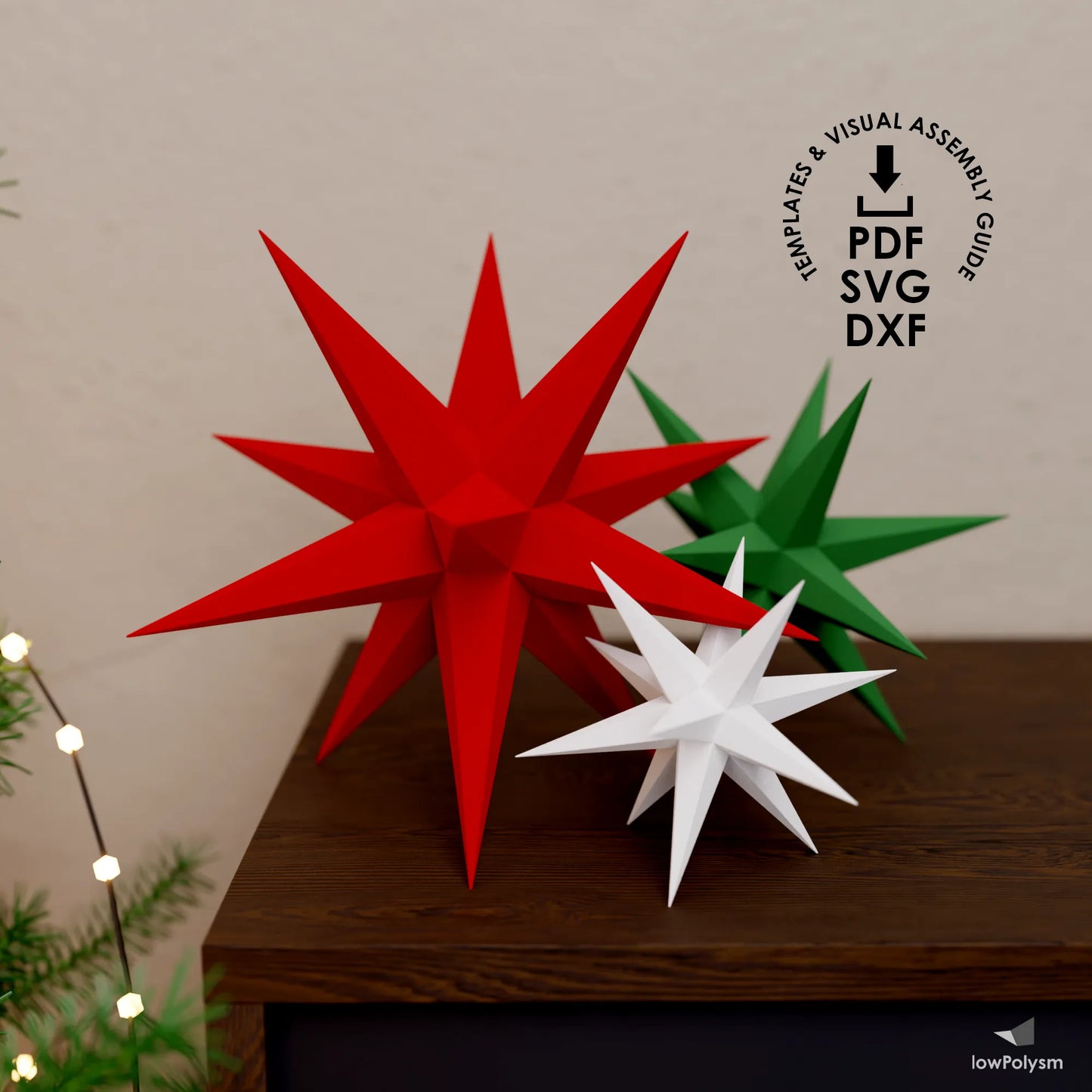 3D paper Christmas star models in different colors with icons showing PDF, SVG, and DXF files included.