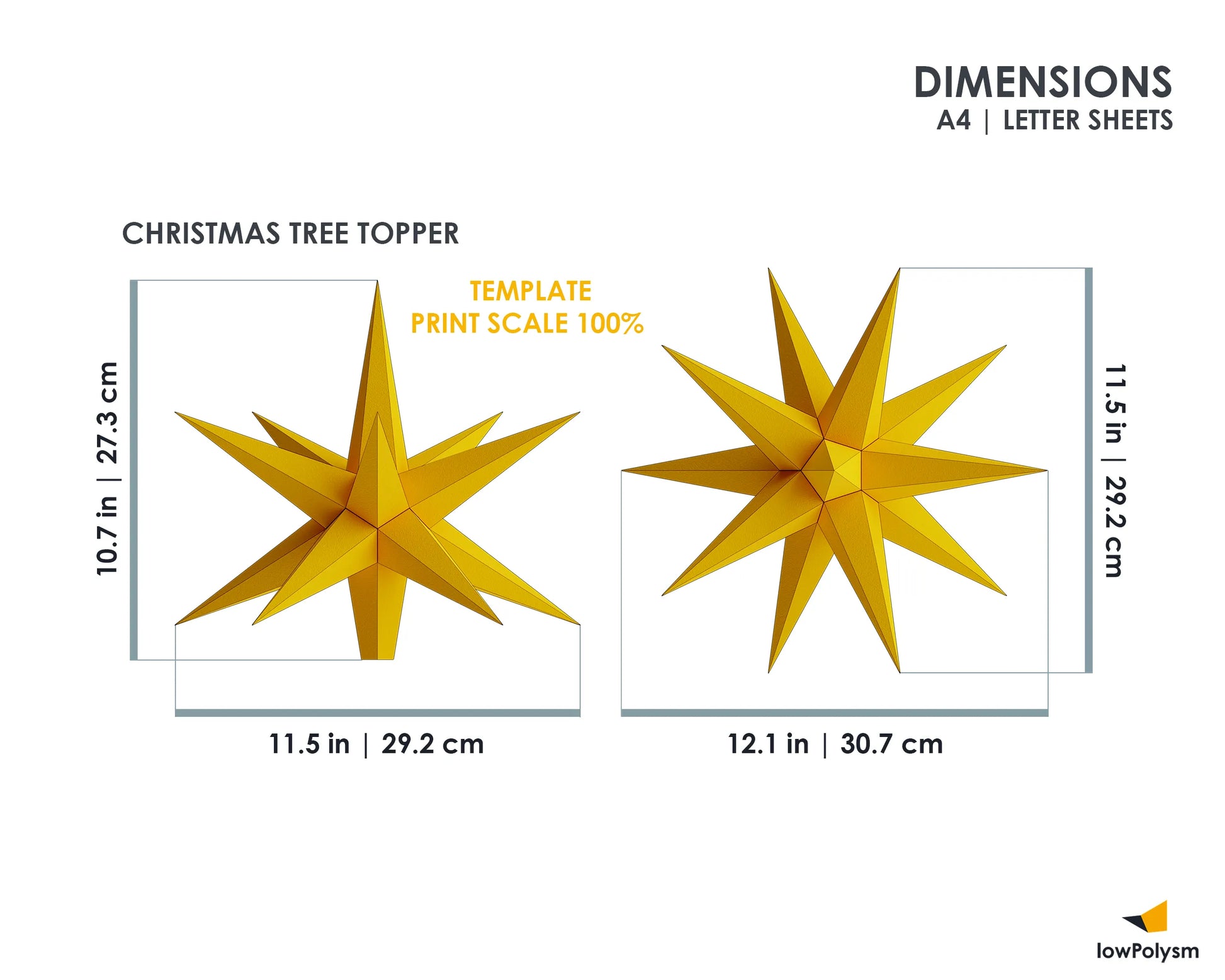 Dimensions chart showing printable A4/Letter size for the 3D Christmas star tree topper template.