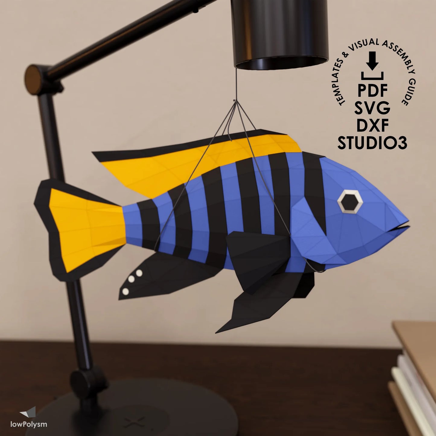 Cichlid fish 3d papercraft model with included PDF, SVG, DXF, and Studio3 download formats
