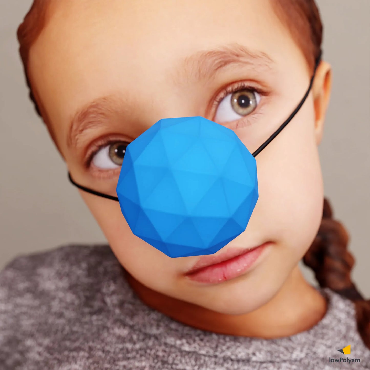Detail of a blue low poly papercraft clown nose.