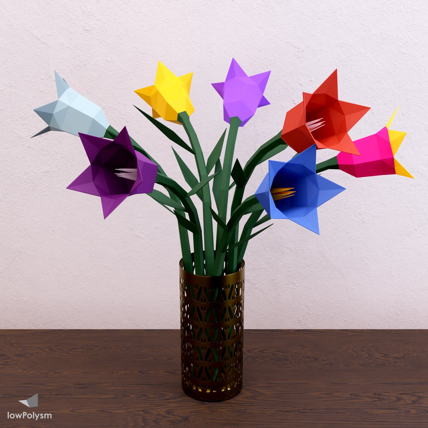 A vibrant arrangement of 3D papercraft bellflowers in multiple colors like red, blue, and yellow, demonstrating various color combination possibilities.