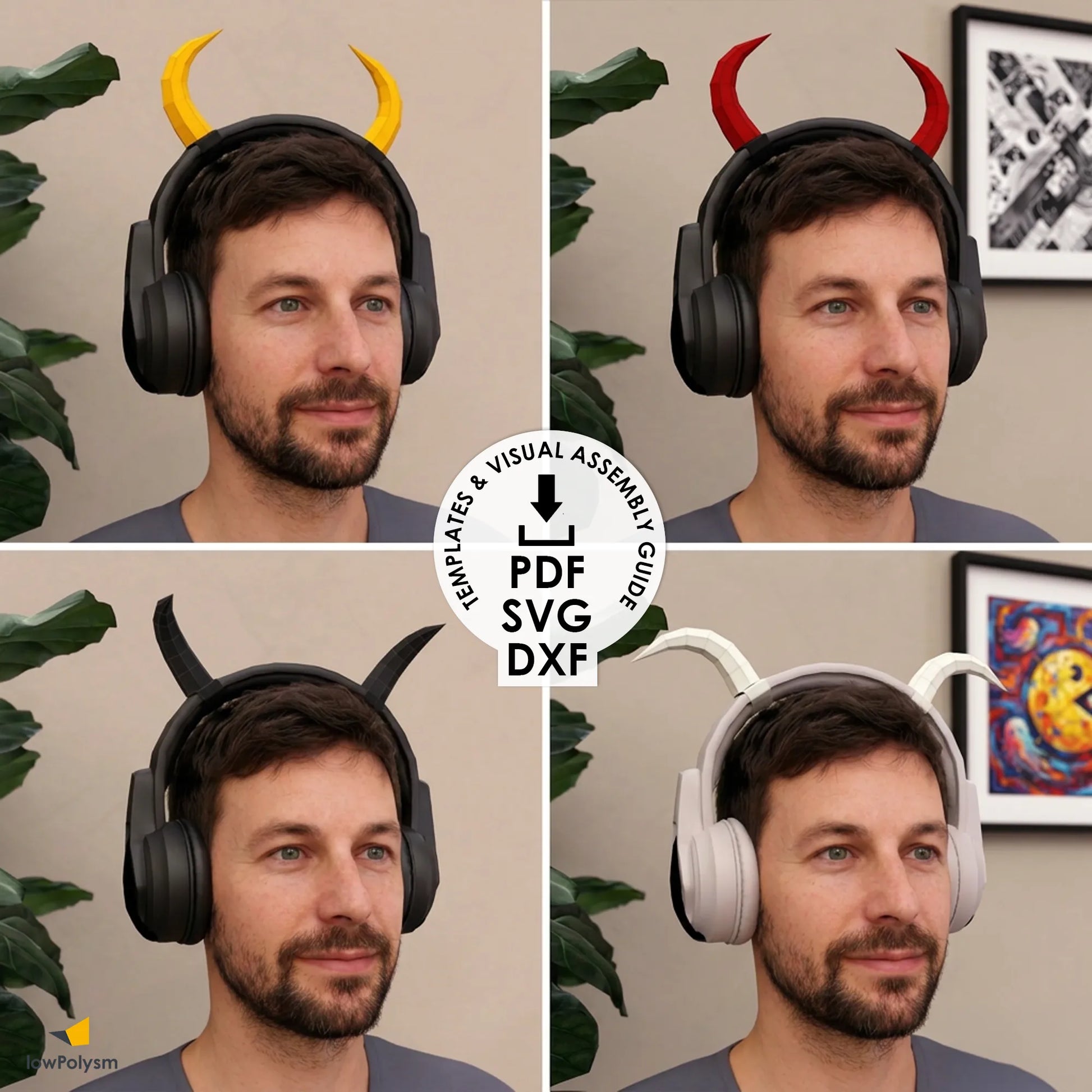 Collage showing four different color and orientation options for the DIY papercraft horns as headset attachment.