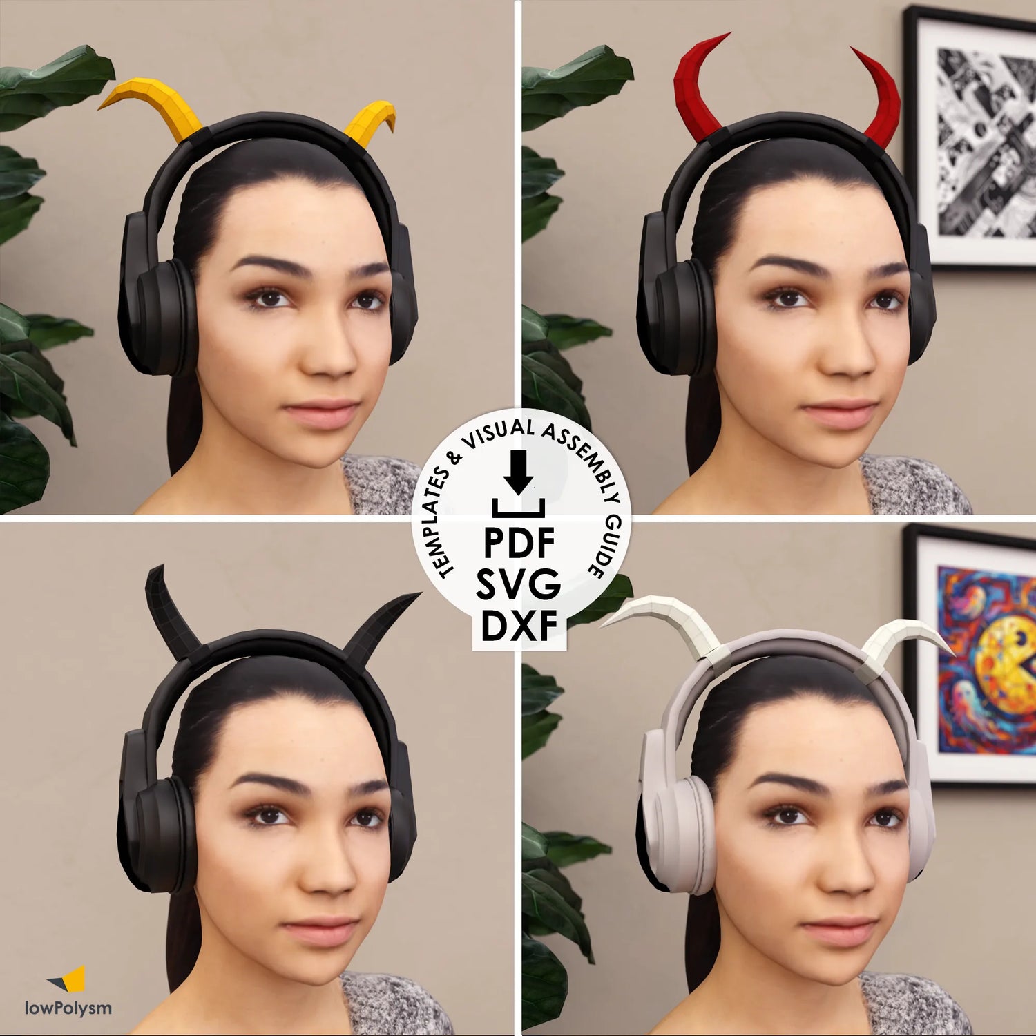 Four views of a person wearing headphones with different horns 3d papercraft models.