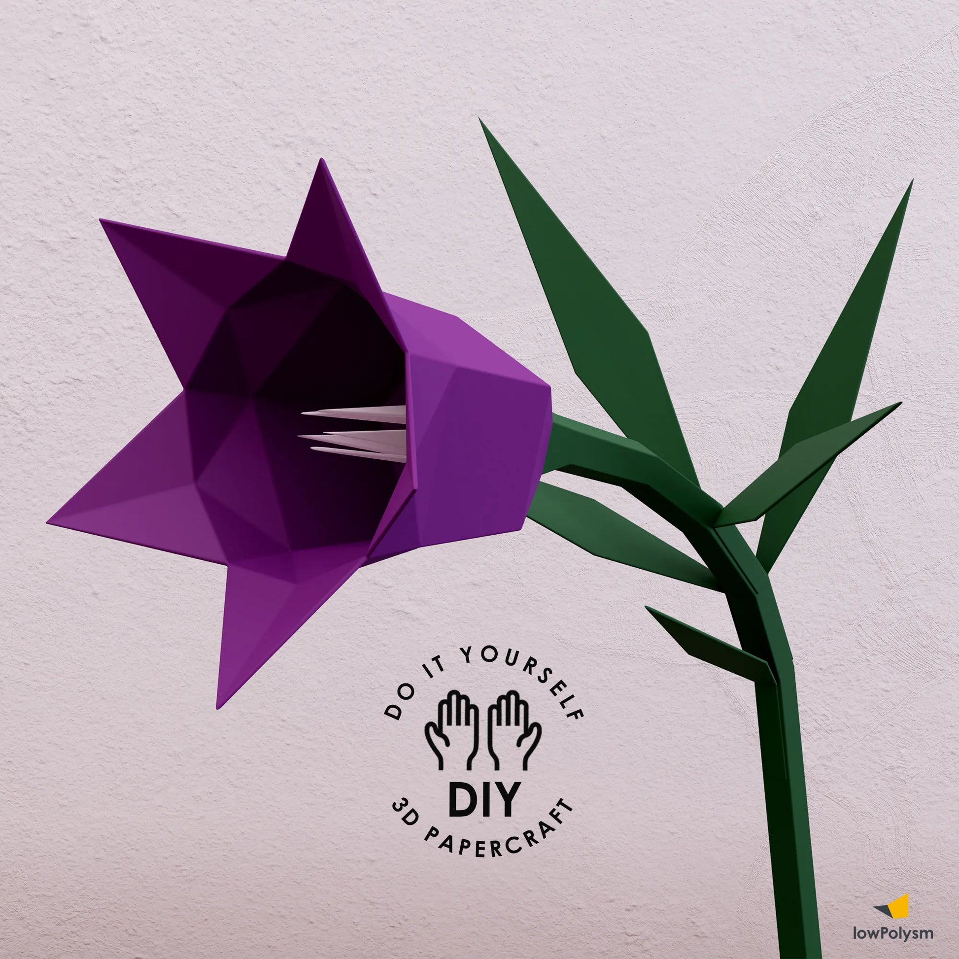 Side view of a purple low-poly bellflower paper model, highlighting the DIY 3D papercraft construction and stem detail.