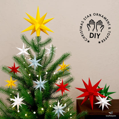 DIY Christmas star ornament and tree topper digital template shown on a tree with ‘DIY’ icon.
