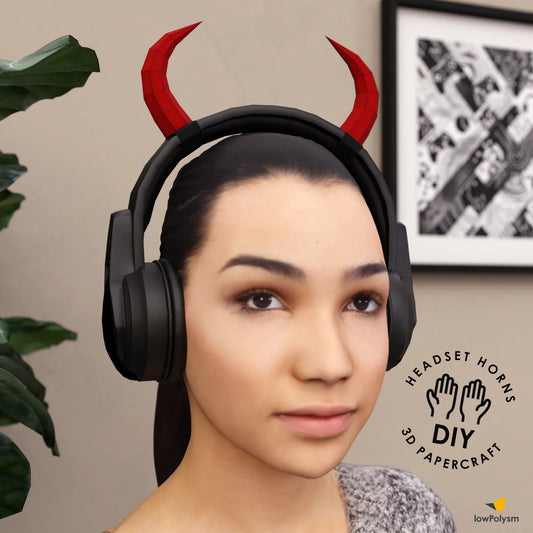 DIY 3D papercraft demon horns headset attachment featuring a gamer wearing red horns.