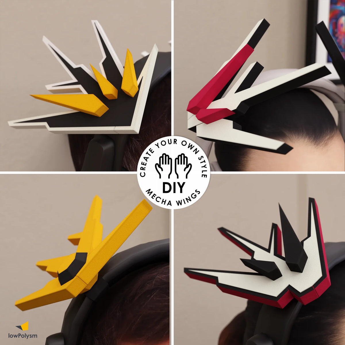 Four different custom color and shape combinations of DIY MECHA WINGS papercraft mounted on gaming headphones.