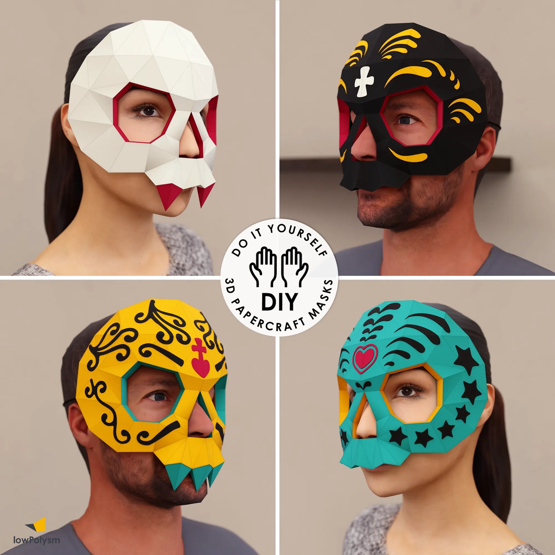 Four colorful 3D sugar skull mask variations made from the printable papercraft template.
