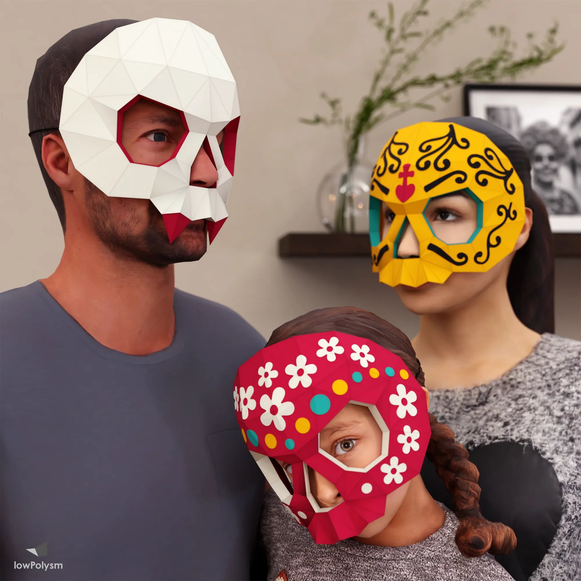 Family wearing colorful 3D sugar skull papercraft masks for Día de los Muertos and Halloween