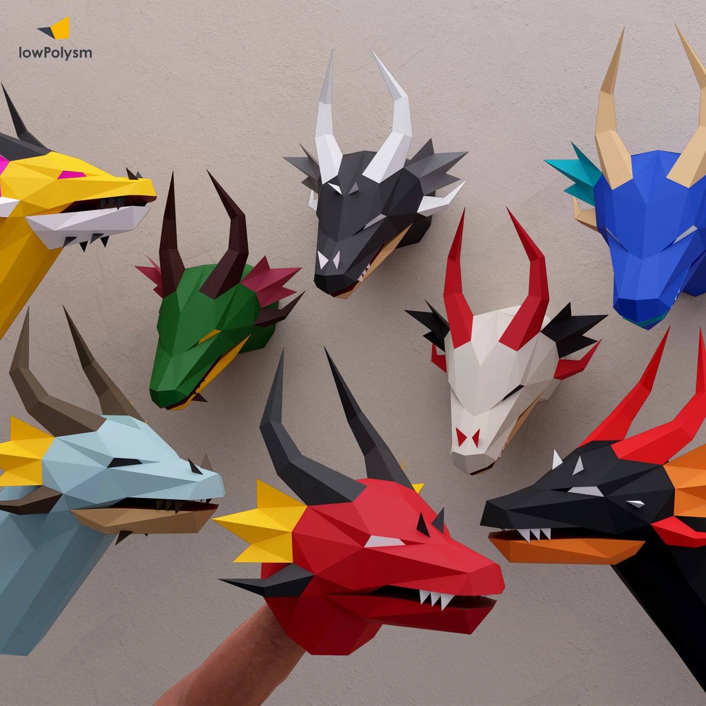 Dragon trophies and Dragon puppets in 
different colors