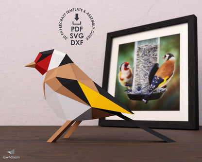European goldfinch 3d papecraft bird on the sideboard
