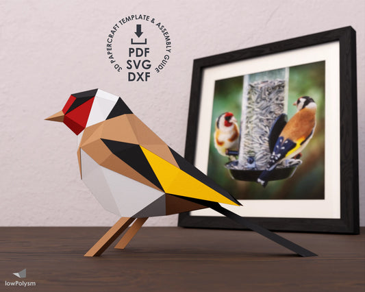 European goldfinch 3d papecraft bird on the sideboard