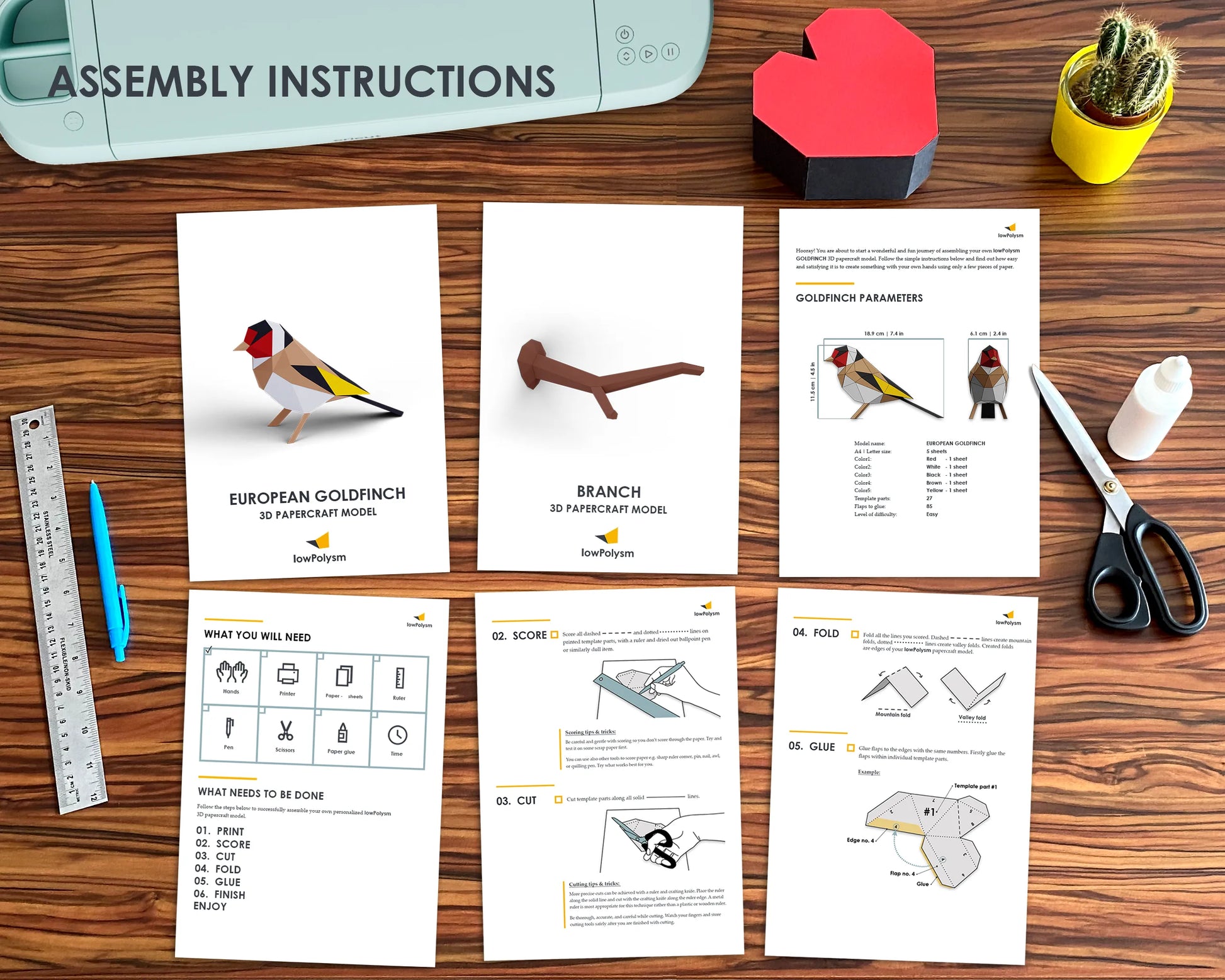 Table with assembly instructions for Goldfinch 3d papercraft model