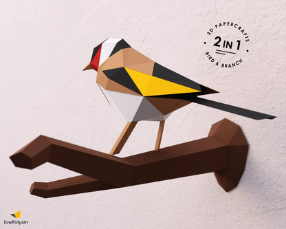 Eu goldfinch paper bird sculpture on branch mounted to a wall