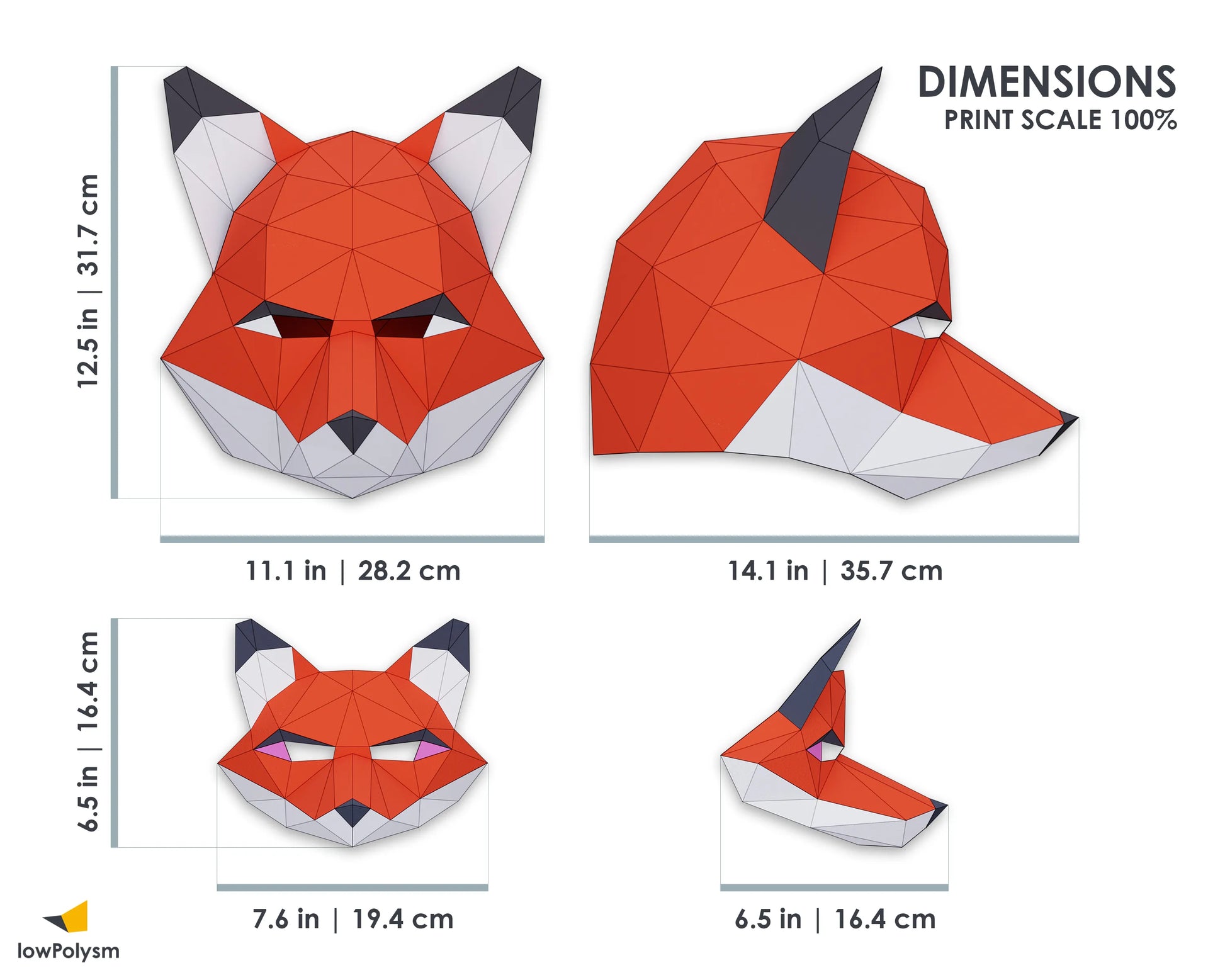 Fox mask 3d paper craft dimensions