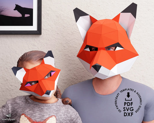 Fox mask full and half low poly paper mask templates in PDF, DXF, SVG
