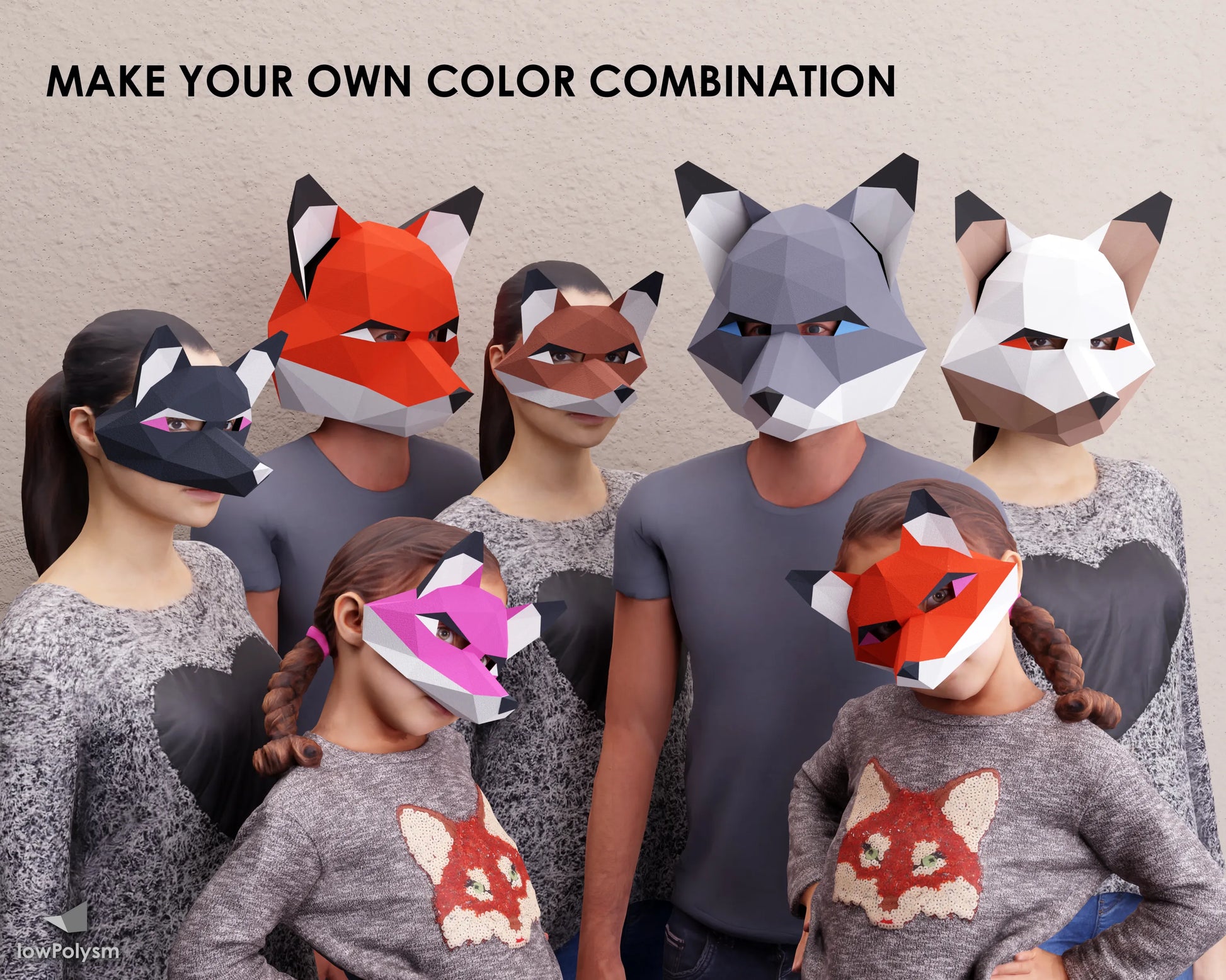 Paper fox masks in personalized different colors