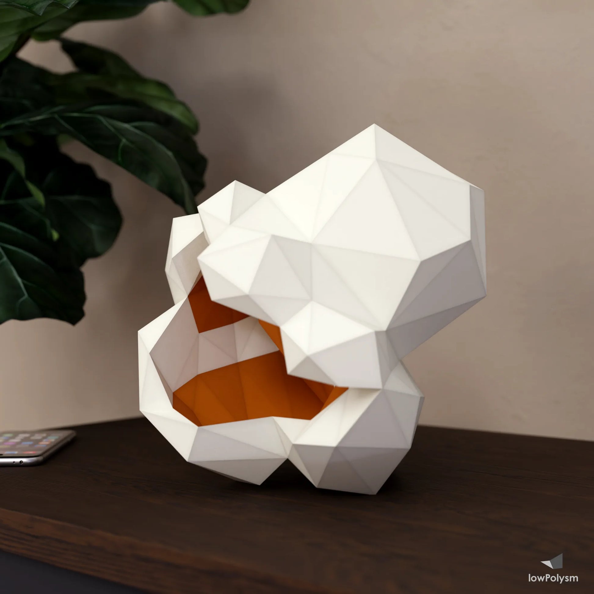 Side-angle view of the GIANT POPCORN low poly 3D paper craft model with orange interior