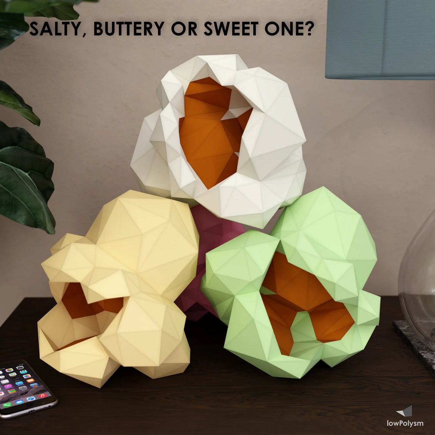 Popcorn papercraft 3d color variants showing salty, buttery, and sweet style options
