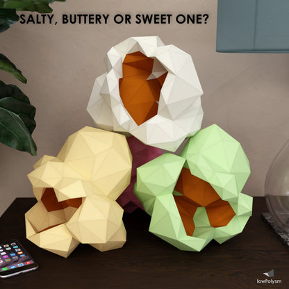 Popcorn papercraft 3d color variants showing salty, buttery, and sweet style options