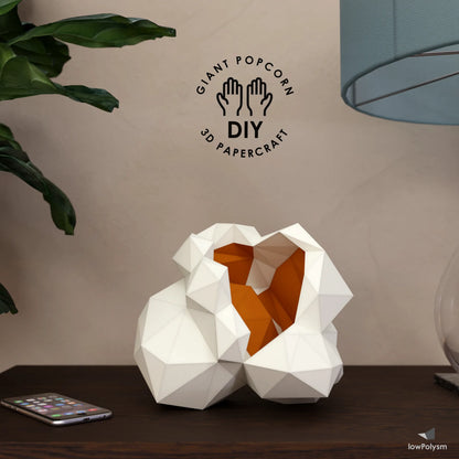 GIANT POPCORN low poly 3D paper craft model displayed on a table for printable decor