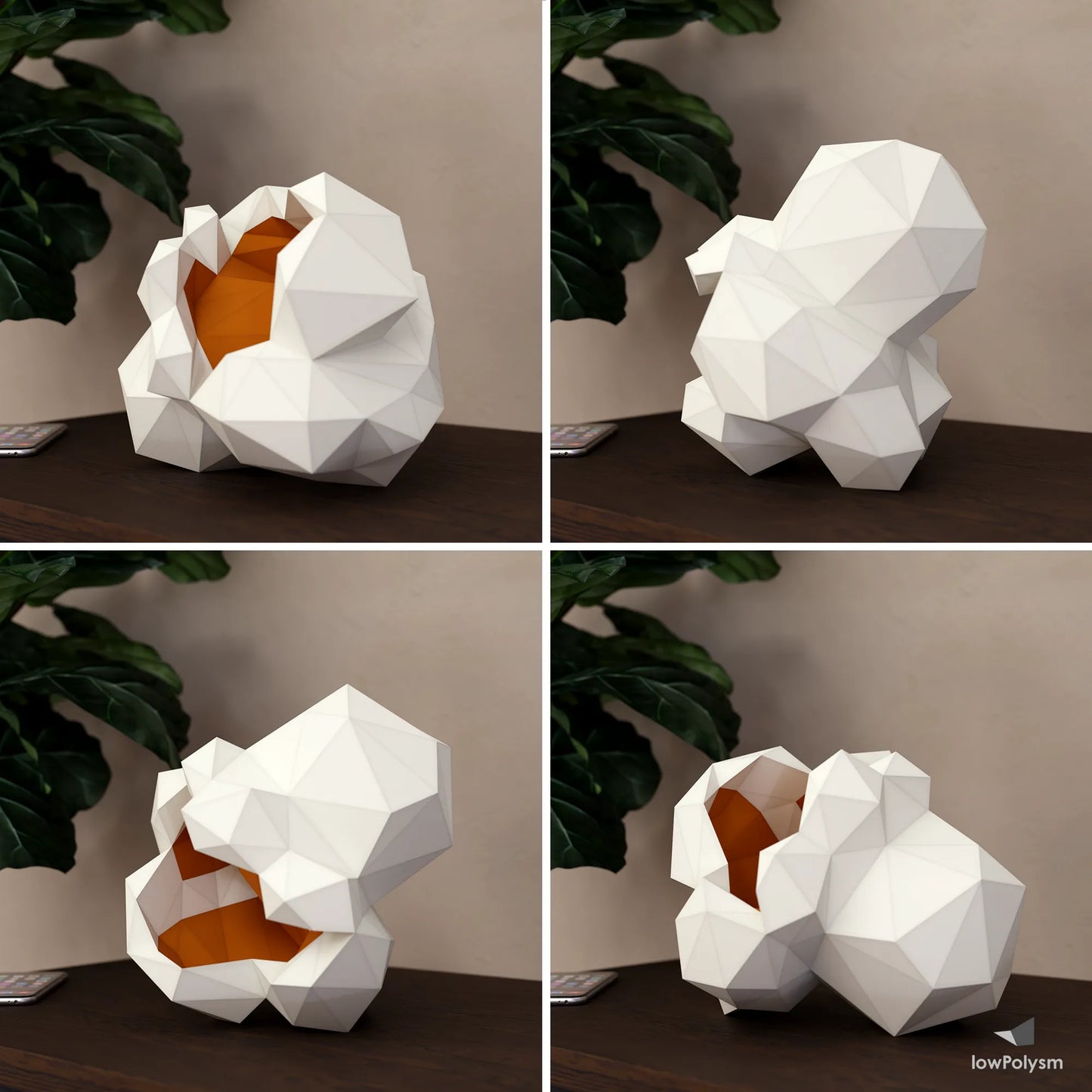 Four-angle collage of the GIANT POPCORN low poly 3D papercraft  showing multiple views